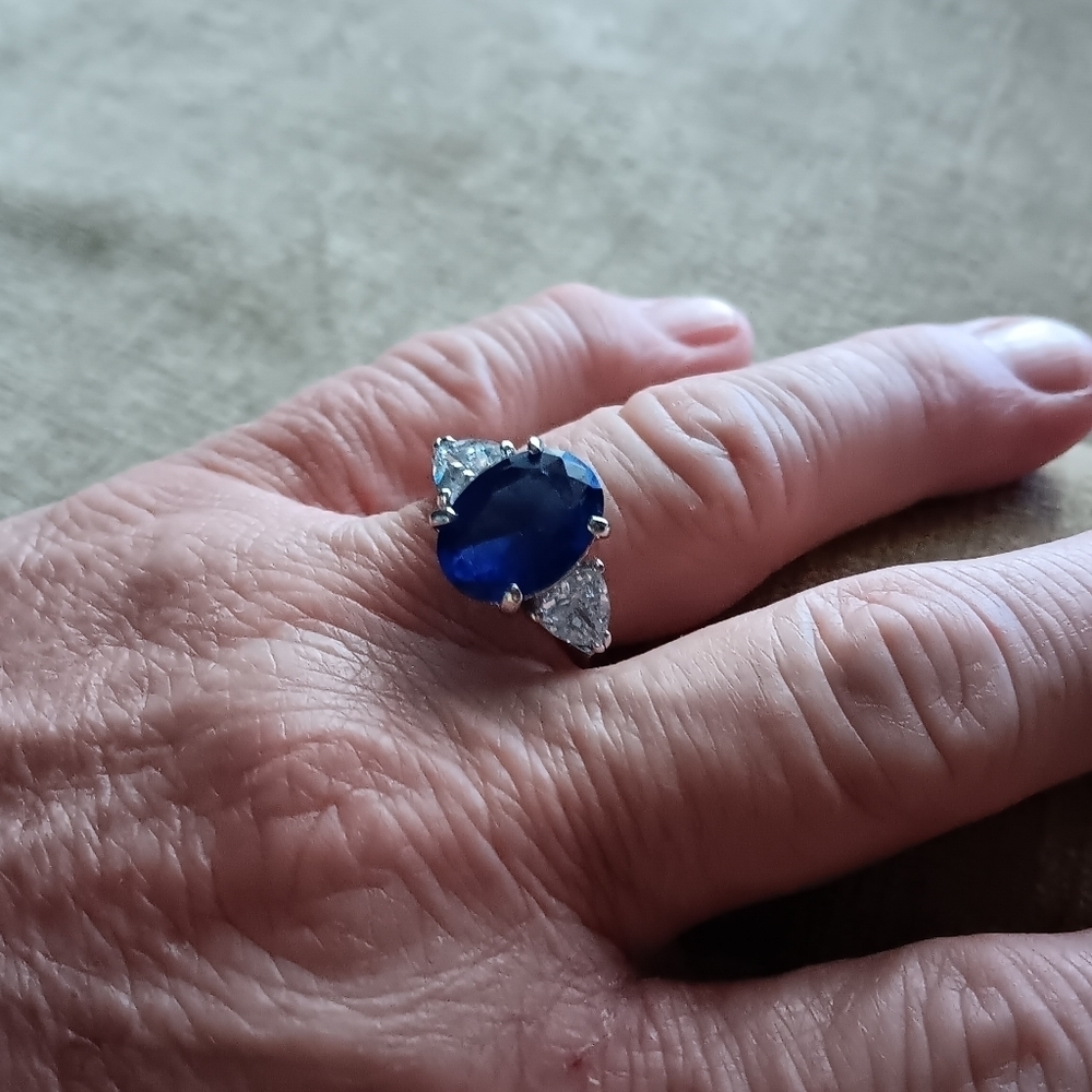 Silver Tone Blue and Clear Glass Ring